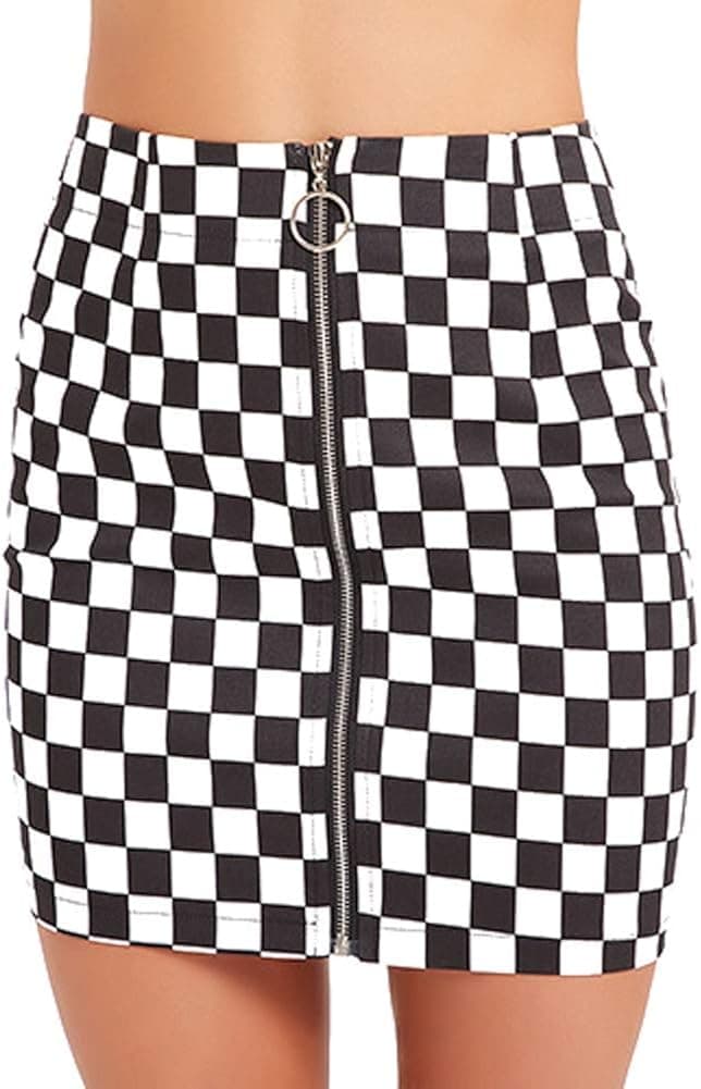Jollymoda Women's Elegant Mid Waist Above Knee O-Ring Zipper Front Plaid Mini Checkered Skirt