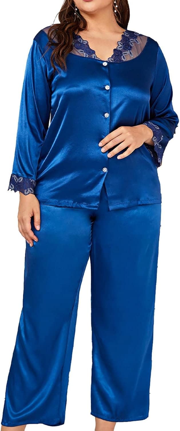 Chicwe Women's Plus Size Silky Satin Pajamas Sets Long Sleeve Loungewear - Two-piece Lace V-Neck Button-Down Nightwear