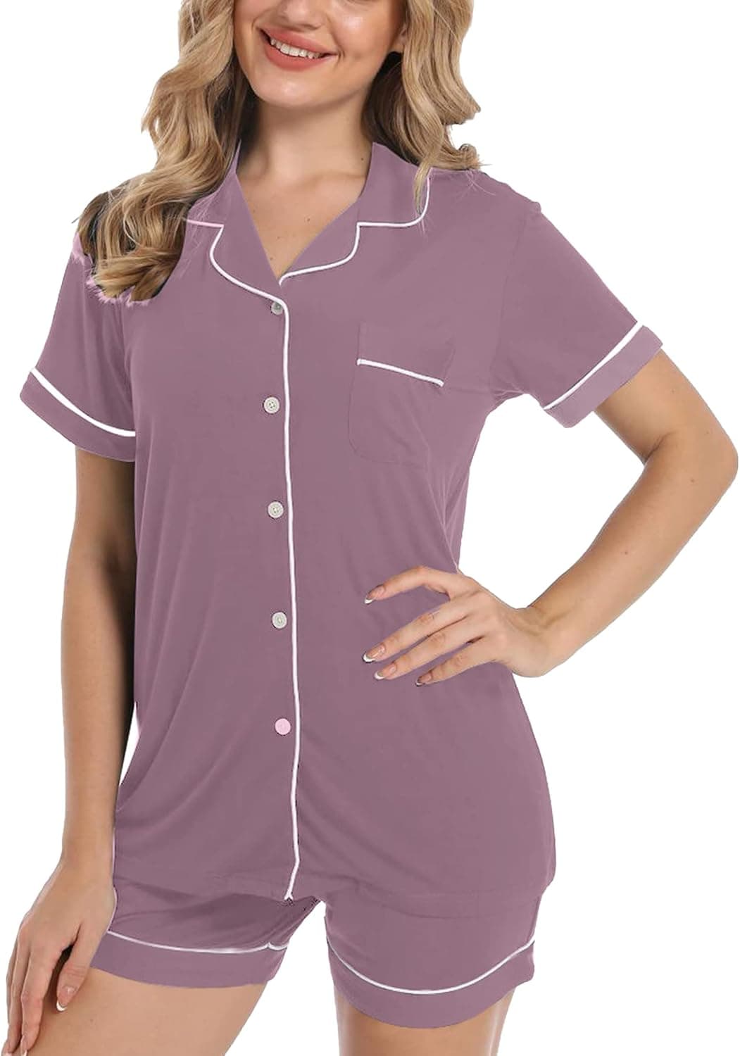 Yoolfine Womens Pajama Sets Short Sleeve Sleepwear Soft Button Down Nightwear Lounge Pj Set S-XL