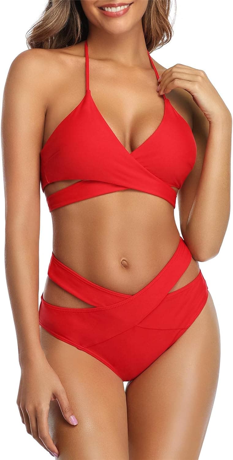 Temptme Women Bandage Bikini Set Two Piece Halter Swimsuits Criss Cross Wrap Bathing Suits Red