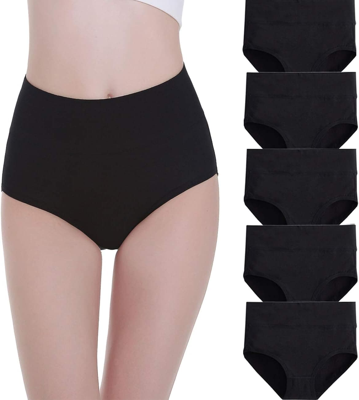 FALARY Women's High Waist Cotton Underwear Full Briefs Ladies Soft Panties 5 Pack Black 2XL