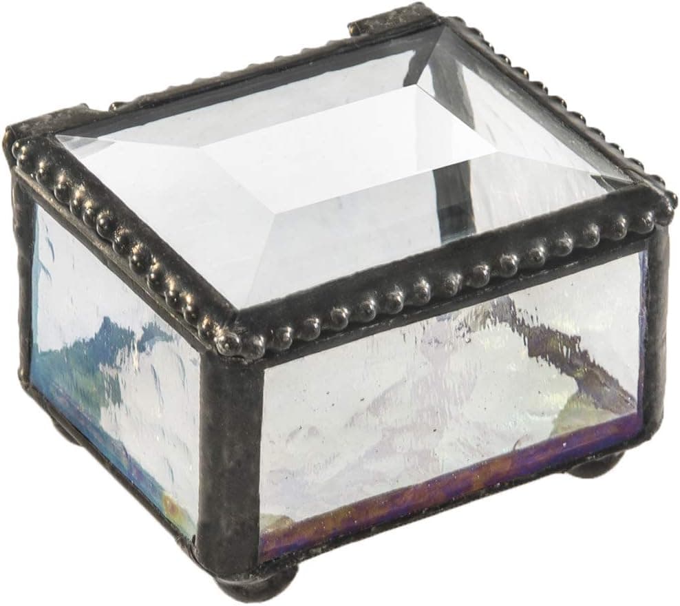Ring Box Small Glass Jewelry Wedding Engagement Ring Dish Display Keepsake Trinket Case Gift Clear Iridescent Stained Glass J Devlin Box 325