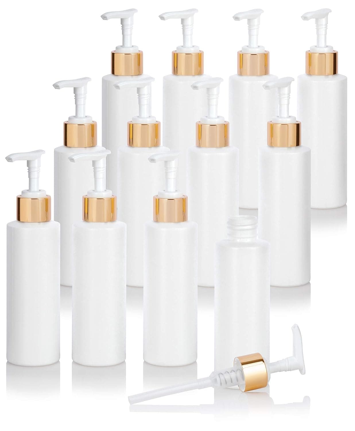 4 oz / 120 ml White Plastic HDPE Refillable Cylinder Squeeze Bottle with Gold Lotion Pump (12 Pack)
