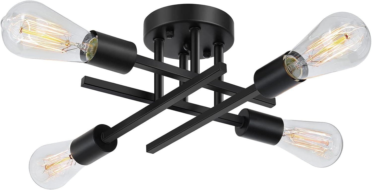 SunRider Industrial 4-Light Semi Flush Mount Ceiling Light Fixture, Modern Farmhouse Lighting Matte Black, Rustic Sputnik Chandelier Ceiling Lamp for Kitchen Bedroom Living Room, Bulbs Not Included