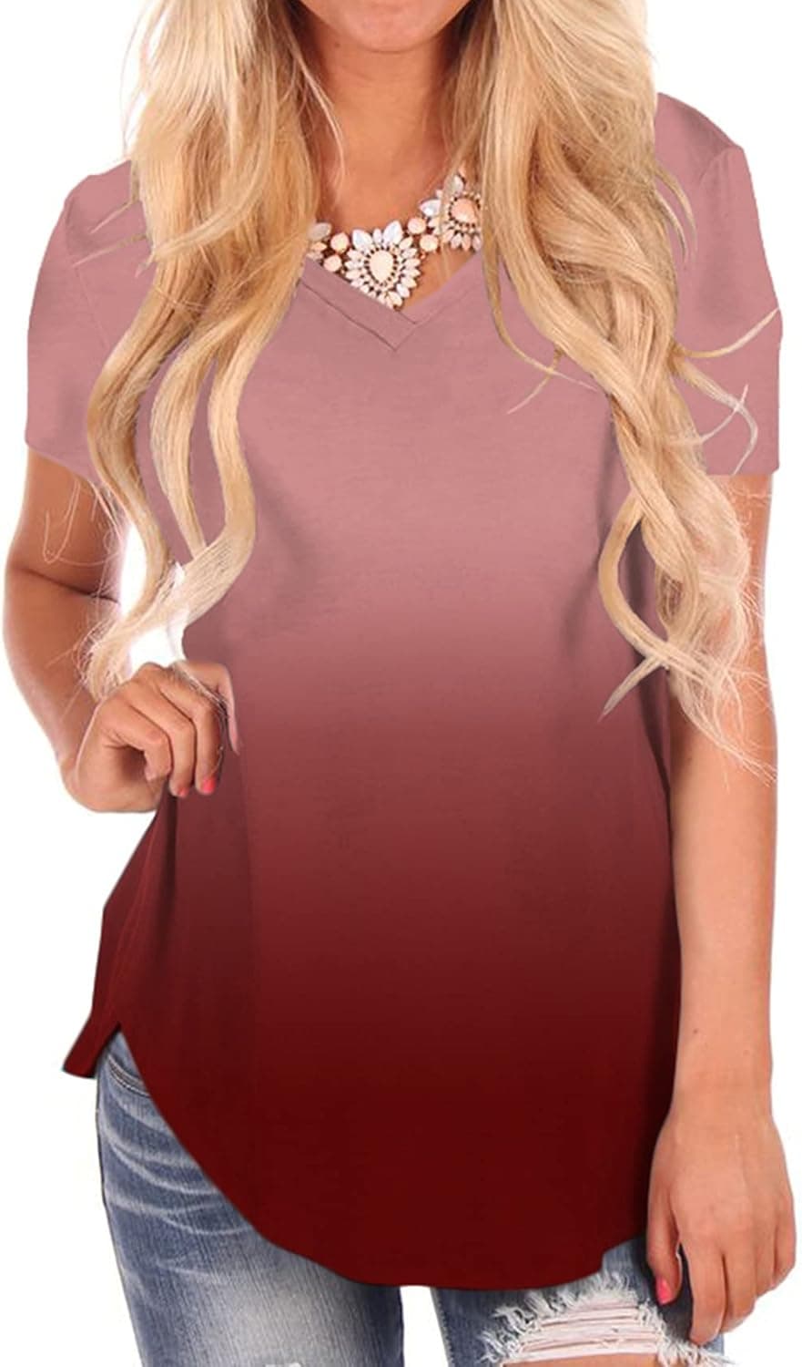 NIASHOT Womens V Neck T Shirts Short Sleeve Causal Summer Lace Tee Tops