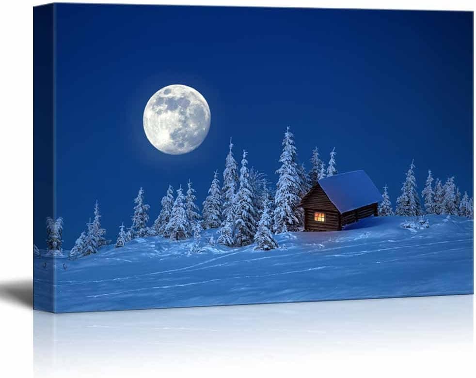 Beautiful Scenery Landscape Wooden House in Winter Forest Under The Bright Full Moon - Canvas Art Wall Art - 16" x 24"