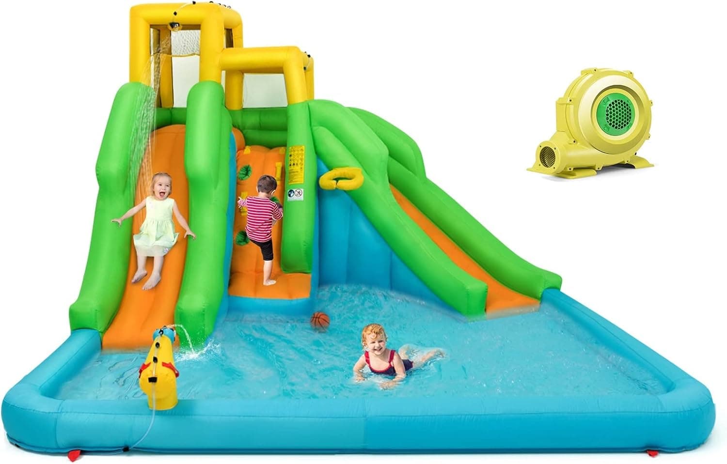 OLAKIDS Inflatable Water Slide, 6 in 1 Bounce House with 2 Slides, Climbing Wall, Splash Pool, Basketball Rim, Water Gun, Outdoor Water Park with Carrying Bag, Hose, 480W Blower