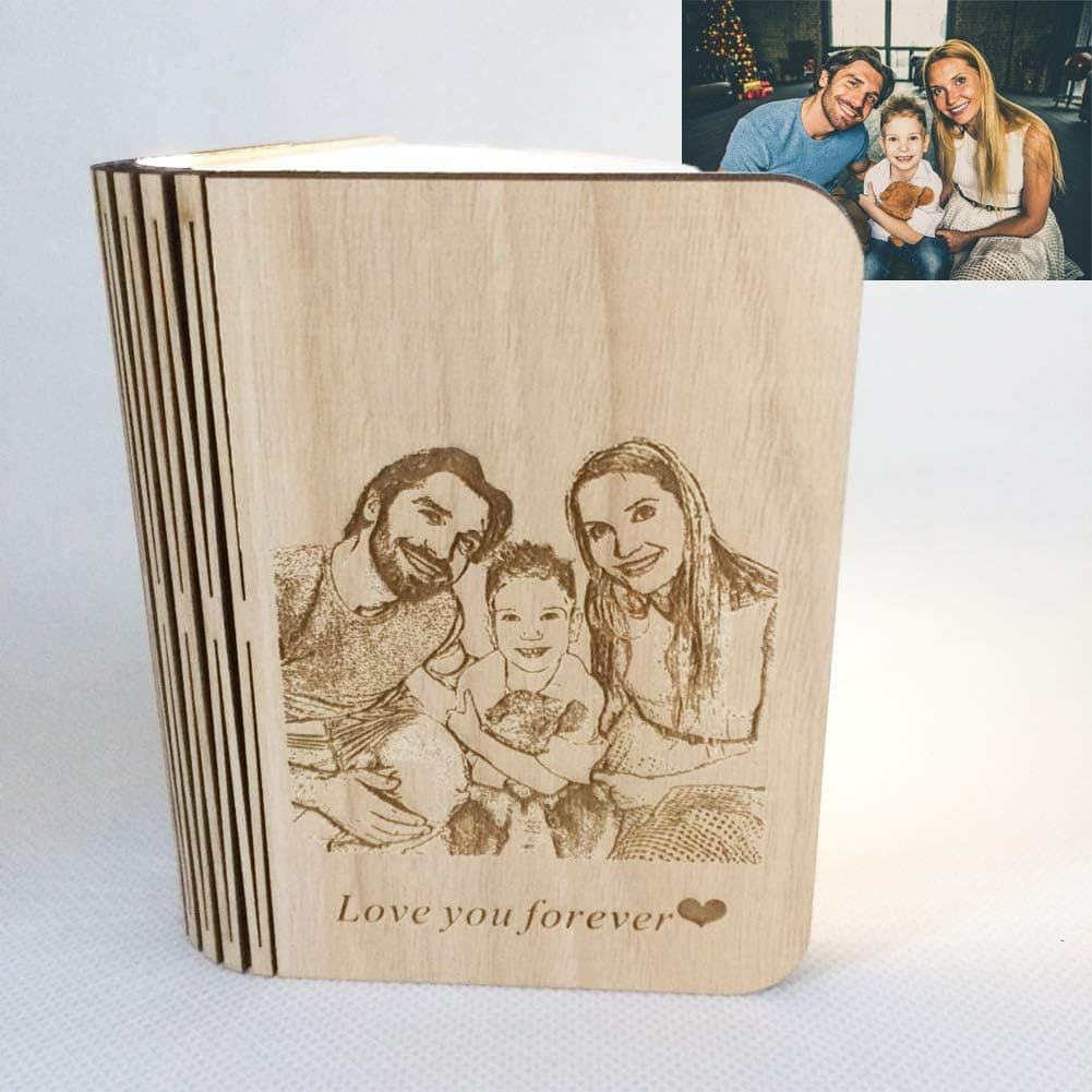 FanbuOu Personalized Wooden Folding Book Lamp with Custom Engraving Photo & Text, Book Light for Reading in Bed at Night with Warm Yellow and Cold White