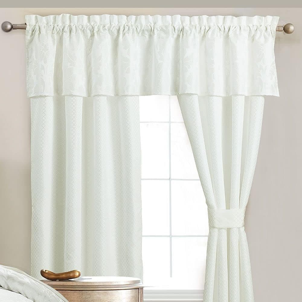 Royal Hotel Bedding Sara 5PC Jacquard Lined Window Curtain Panel Set, 2 Panels 84 inches Long, 1 Valance and 2 Tie Backs, White