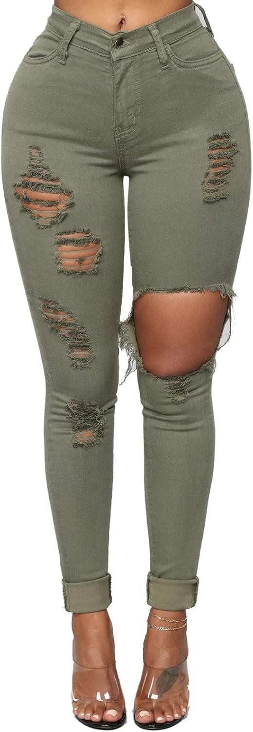ZERMOM Women's Ripped Skinny Jeans Stretch Mid Rise Distressed Destroyed Denim Pants
