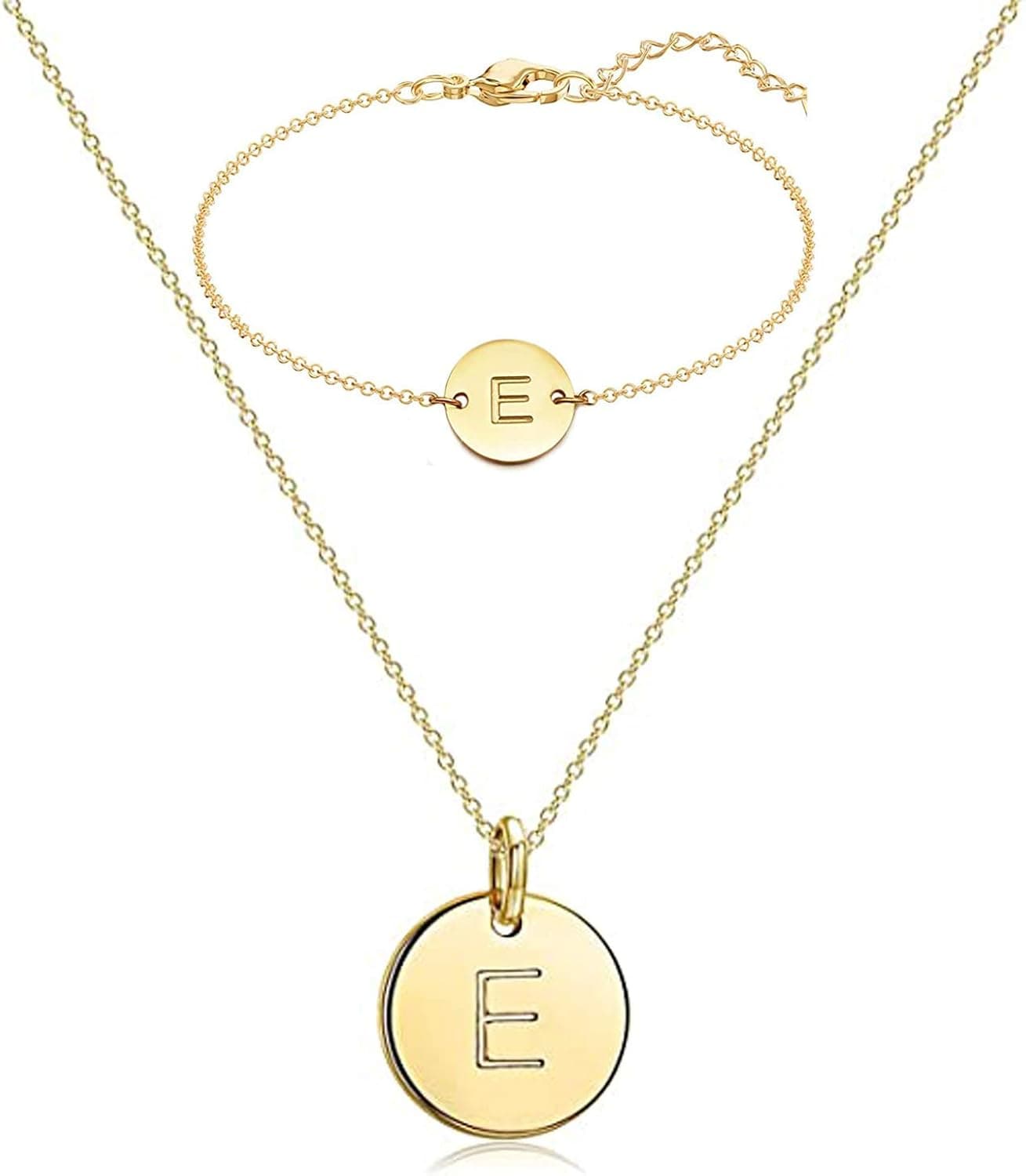 RINHOO 2PC/SET Initial Pendant Necklace Bracelet Stainless Steel Round Alphabet A-Z Letter bracelet for women Jewelry (2PC/SET -B)