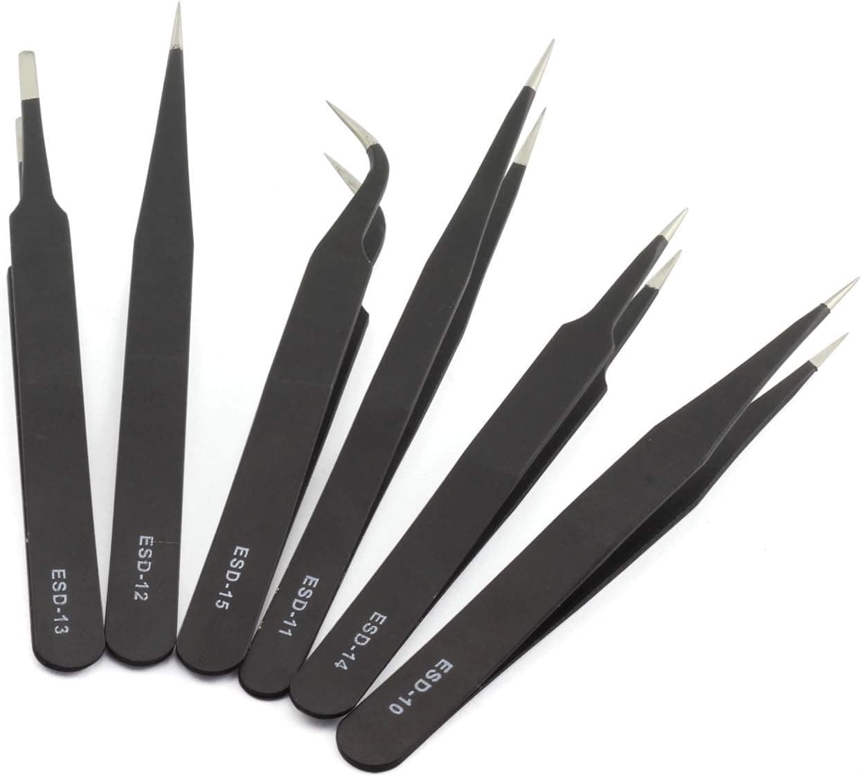 ZYAMY 6PCS Anti-static Tweezers ESD Stainless Steel Electronic Component Precision Tweezers Black Safe Professional Coated Maintenance Repair Tools Curved Straight Tweezers