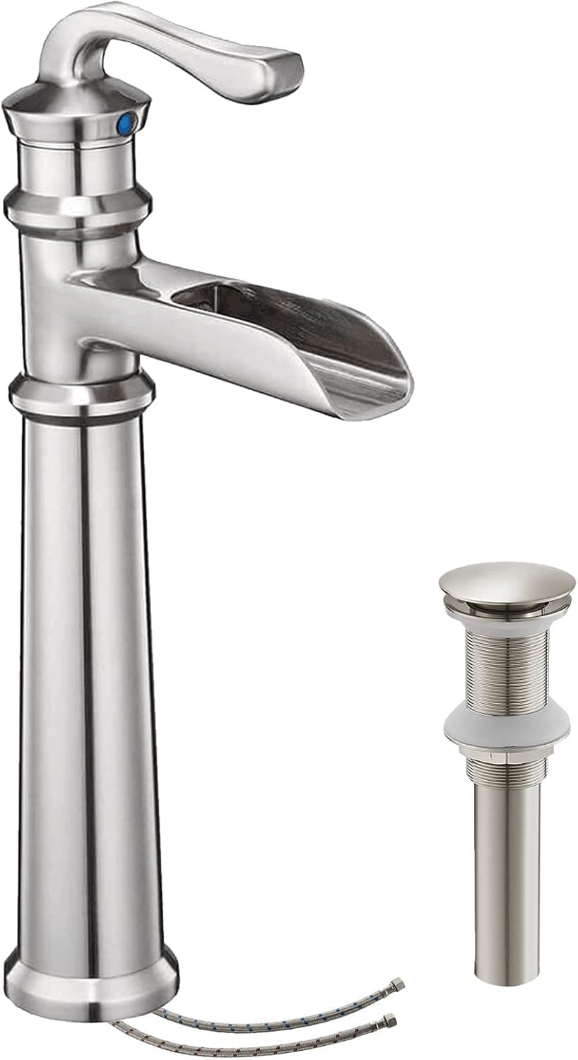 Homevacious Vessel Sink Faucet Brushed Nickel Waterfall Bathroom Faucet Single Handle Tall Body Single Hole Bowl Vanity Faucets with Pop Up Drain and Supply Lines Basin Lavatory Mixer Tap Commercial