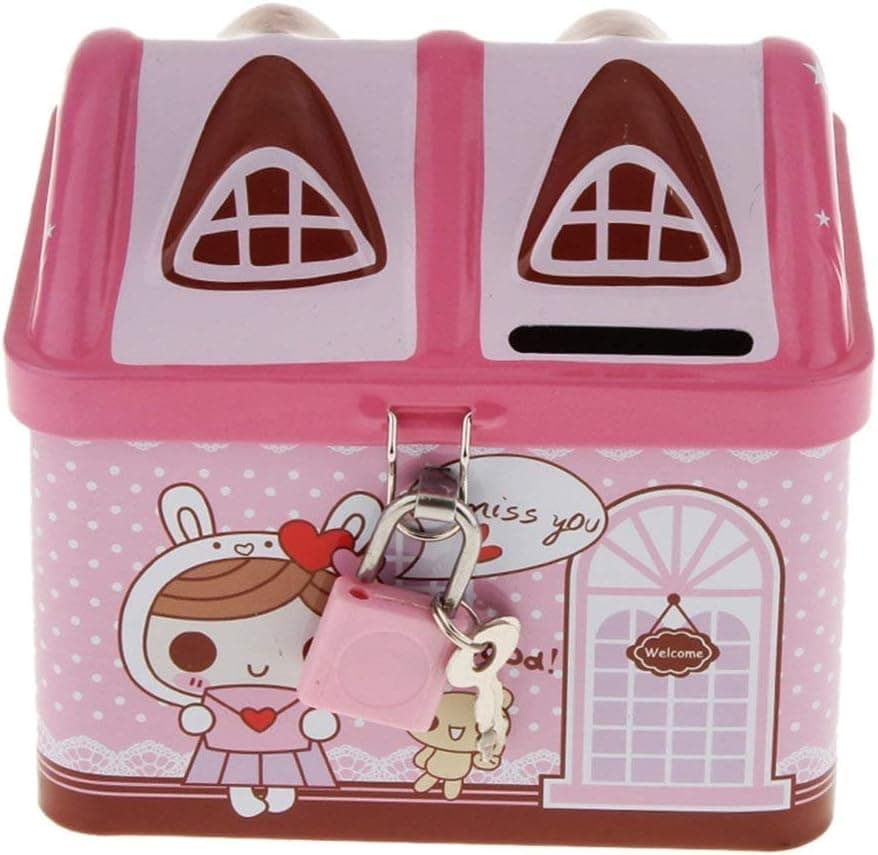Flee Pink House Coin Box Piggy Bank,Metal Money Bank Savings Jar,Include Lock and Keys Tithing Fun for Kids Girls Boys