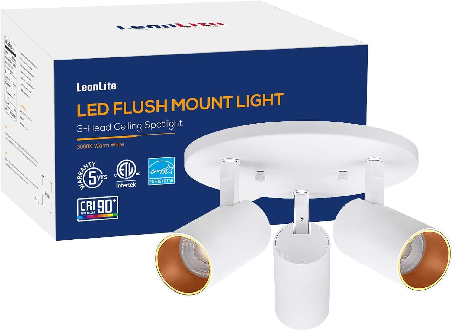 LEONLITE Dimmable 3 Light Directional Spotlight, Round LED Ceiling Spotlight Fixture, 36W, 2800LM, Adjustable Semi Flush Mount Track Lighting, CRI90+, ETL and Energy Star Listed, 5000K Daylight