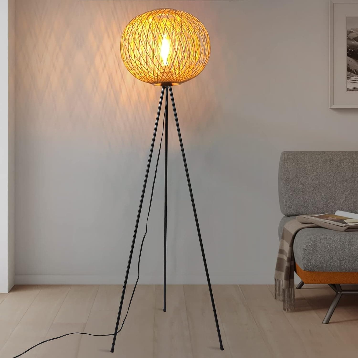 COSYLUX Unique Farmhouse Bamboo Floor Lamp for Living Room, Bedroom and Office, Original Handmade Rattan Shade and Metal Tripod Tall Standing Light Black , Modern Vintage Rustic Rural Décor(No Bulbs)