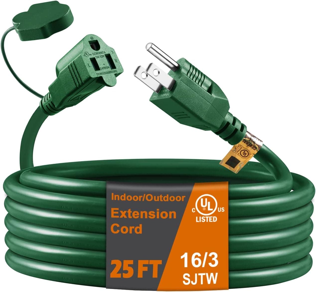 25 Ft Indoor/Outdoor Extension Cord, Green 16/3 SJTW 3 Prong Plug, Waterproof & Weather Resistant, Power Cord Extension for Garden and Appliances, UL Listed