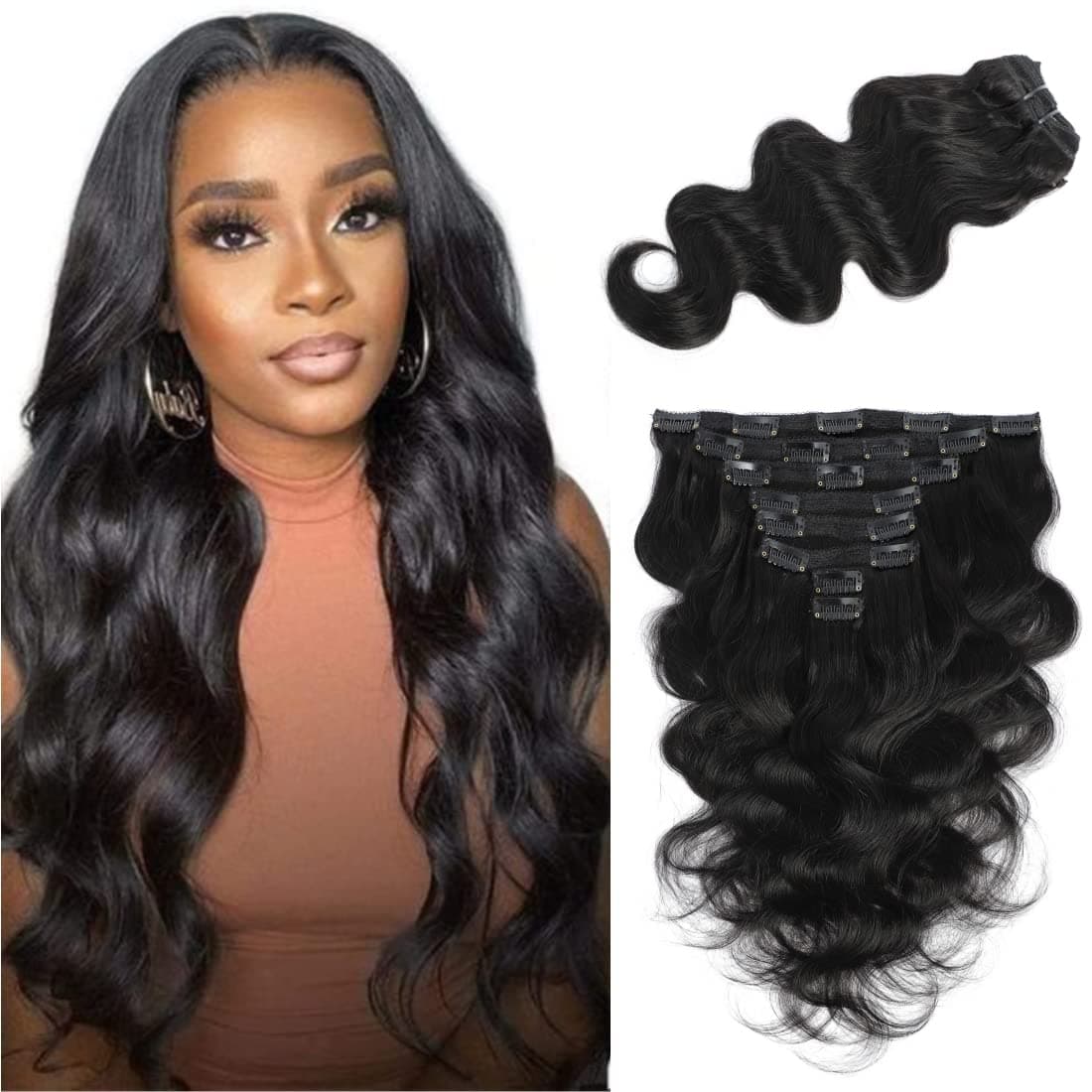 LUMIERE Body Wave Clip In Hair Extensions - Glueless Curly Hair Extensions For Black Women Grade 10A Brazilian Remy Hair Wear and Go 8Pcs With 20Clips Double Wefts Thick and Soft 18 Inch