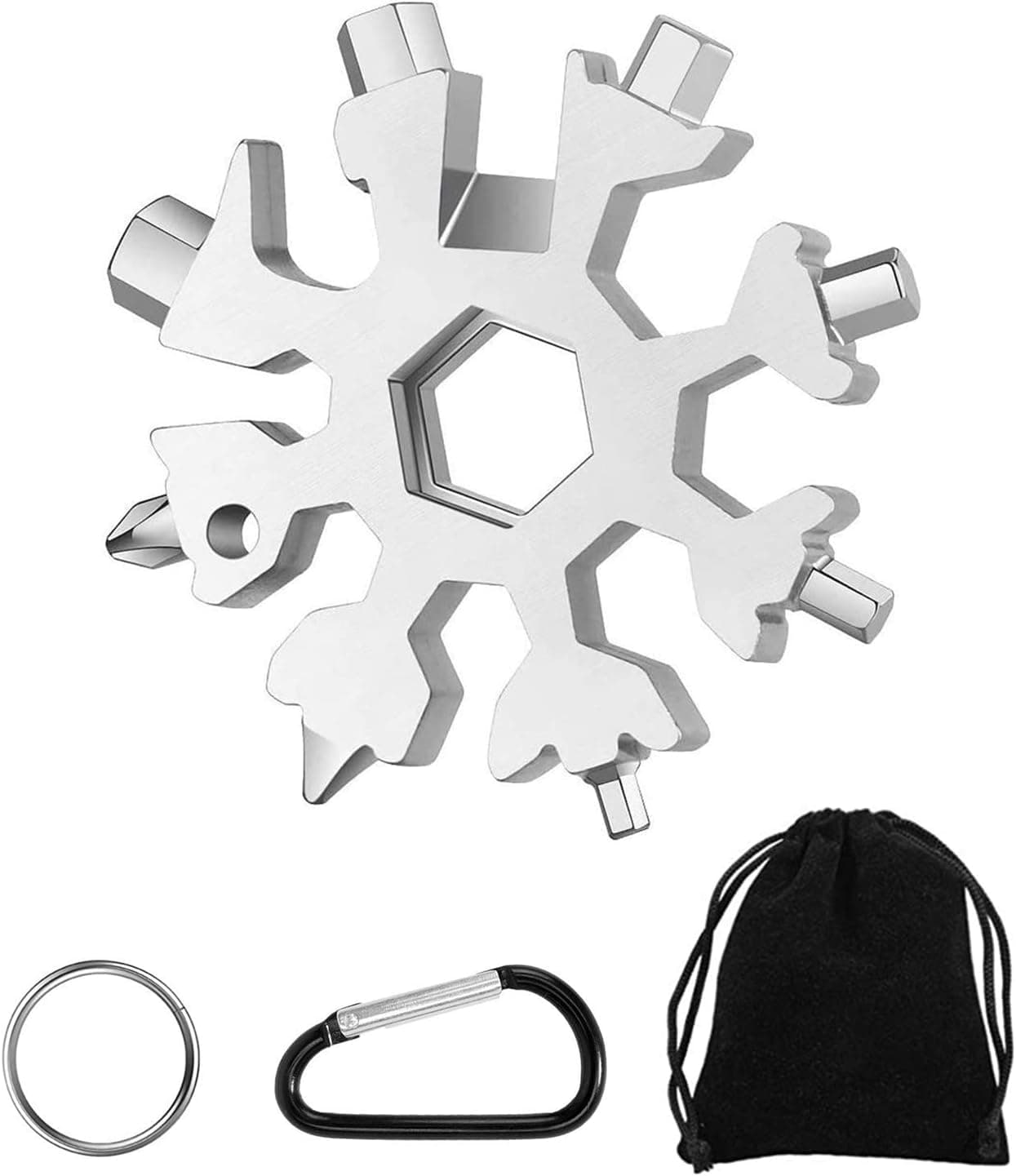 18-in-1 Snowflake Multi-Tool Stainless Steel Snowflake Multi-Tool Snowflake Tool Card Keychain Screwdriver, Bottle Opener Tool, Hex Wrench for Outdoor Travel Camping (Silver)