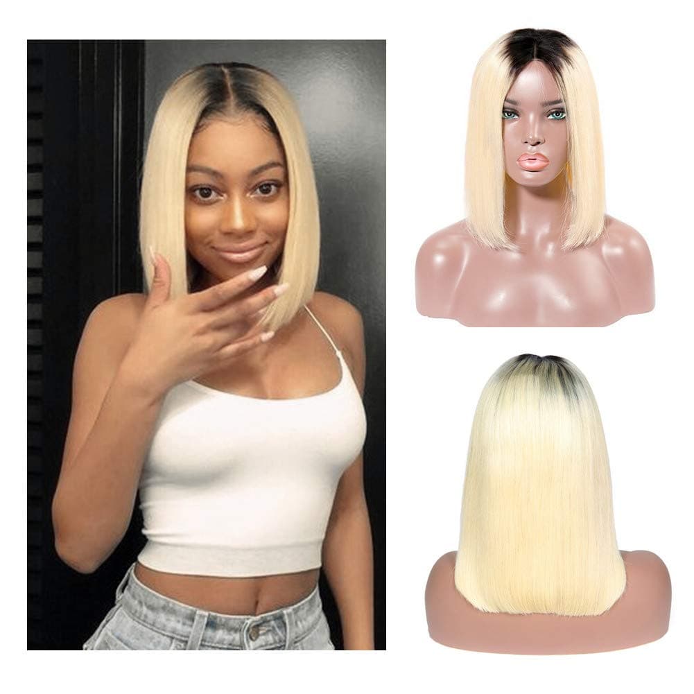 Loviness Pre Plucked Lace Front Human Hair Bob Wigs Short Straight With Baby Hair 1B/613 Ombre Black to Blonde Middle Part 180% Density 13x4 Lace Frontal Glueless (14 inches)