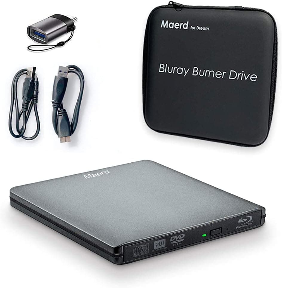Maerd External Blu Ray DVD Drive, USB3.0 Type-C Portable Blu Ray Player CD DVD BD Burner 6X 3D CD DVD Bluray Burner for Windows XP/7/8/10 Laptop, Desktop (Grey)