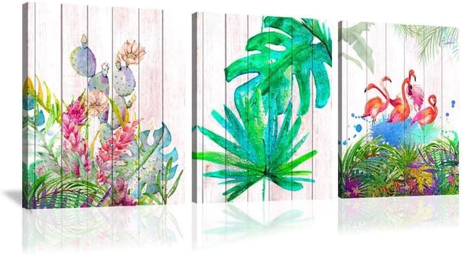 Nature Pictures 3 Pieces Framed Canvas Prints Wall Decor Art for Bedroom Living Room Cactus Green Leaves Tropical Plants Wall Art Decoration Flamingo Gifts Canvas Painting Wall Decals(12x16inx3)