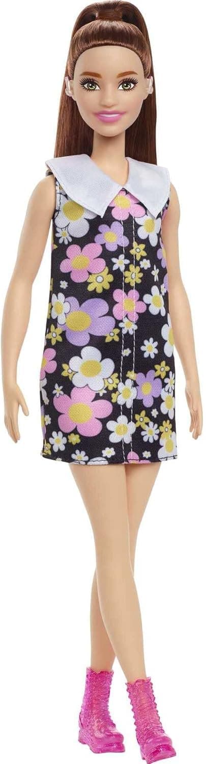 Barbie Fashionistas Doll #187 with Behind-The-Ear Hearing Aids, Brunette Ponytail, Shift Dress & Pink Boots