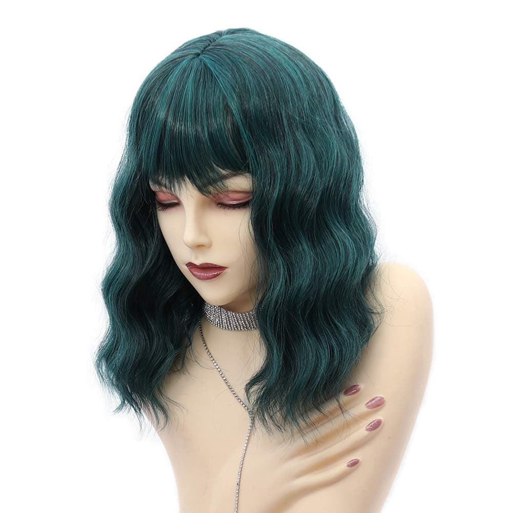 Short Wig With Air Bangs Women'S Curly Wavy Synthetic Hair Wig Bob Wigs Shoulder Length Short Bob Wig Cosplay Wig For Girl Pastel Natural Wavy Costume Wigs （Mix Green 12 Inch）