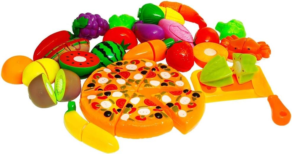 Sakiyr Pretend Play Food Set Fruit and Vegetables Play Cutting Food Kitchen Toys with Pizza, Toy Knife and Cutting Board for Kids & Toddlers(26 Pieces)