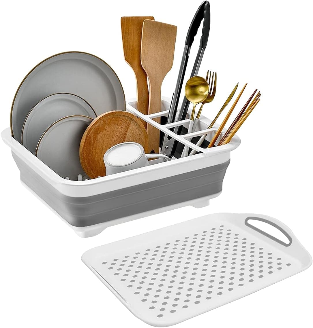 Yummy Sam Collapsible Dish Drying Rack with Drain Board【New Version】 Portable Dinnerware/Glassware/Tableware Organizer - Perfect for Small Kitchen,Camper, RV,Caravan,Travel (Elegant Gray)
