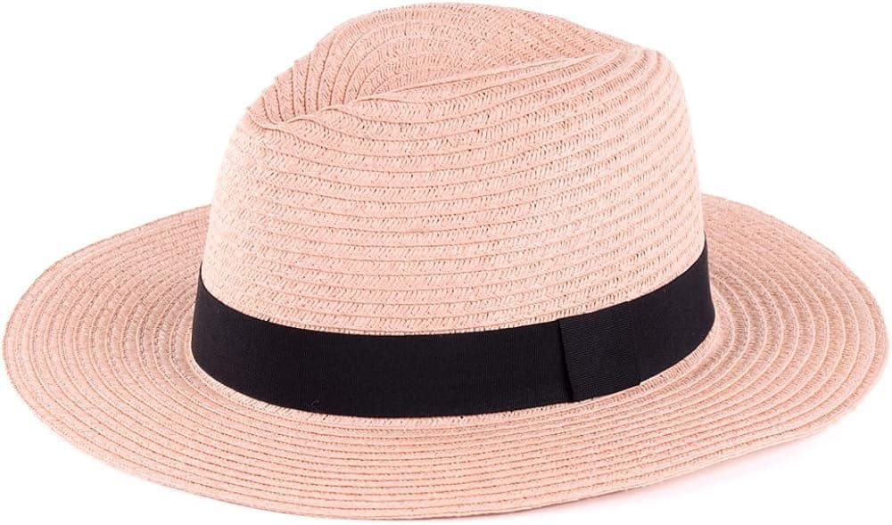 BYOS Summer Straw Panama Fedora Sun Hat In Solid Color W/ Black Band (Pastel Peach)