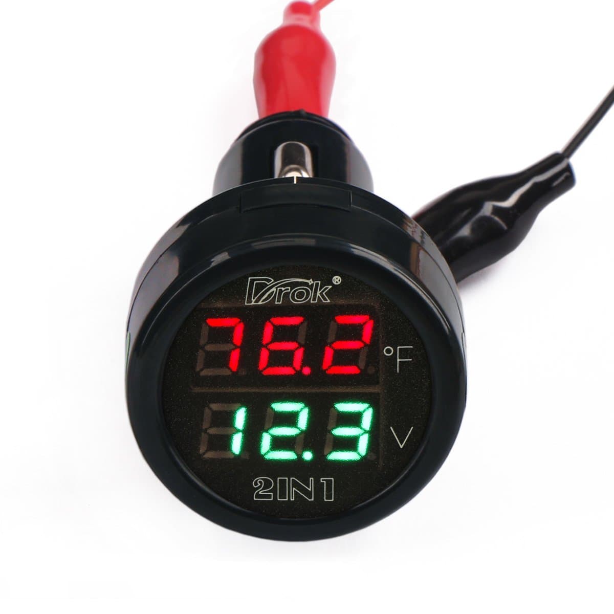 DROK Small Digital Volt Temp Multimeter LED Panel Voltmeter Fahrenheit Thermometer Multiple Tester 12V 24V 2in1 Car Battery Voltage Monitor 10-170 Degree Fahrenheit Temperature Testing Meter