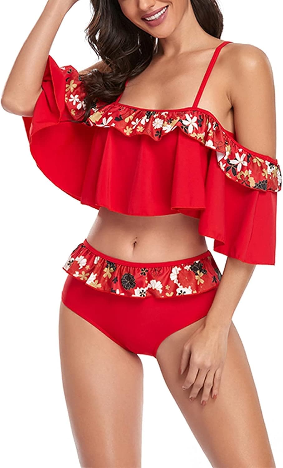 Women Athletic Two Piece Bikini Set Sports Crop Top Swimsuit Flounce Top Bathing Suits Swimwear