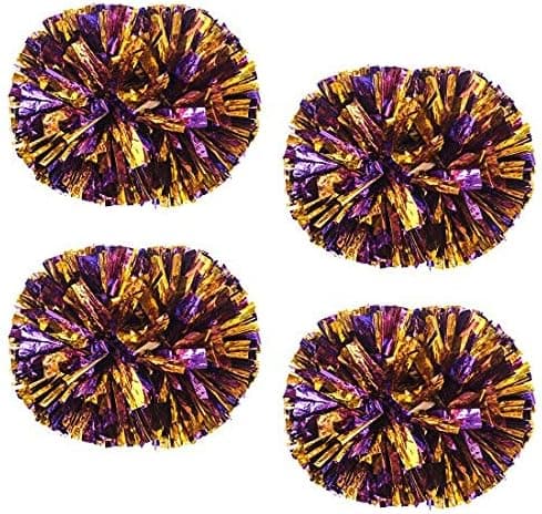 BEILAI 4PCS 14 inches Metallic Foil Tinsel Cheerleading Pom Poms with Handheld Baton for Sports Games School Activities Parties, PURPLE, GOLD