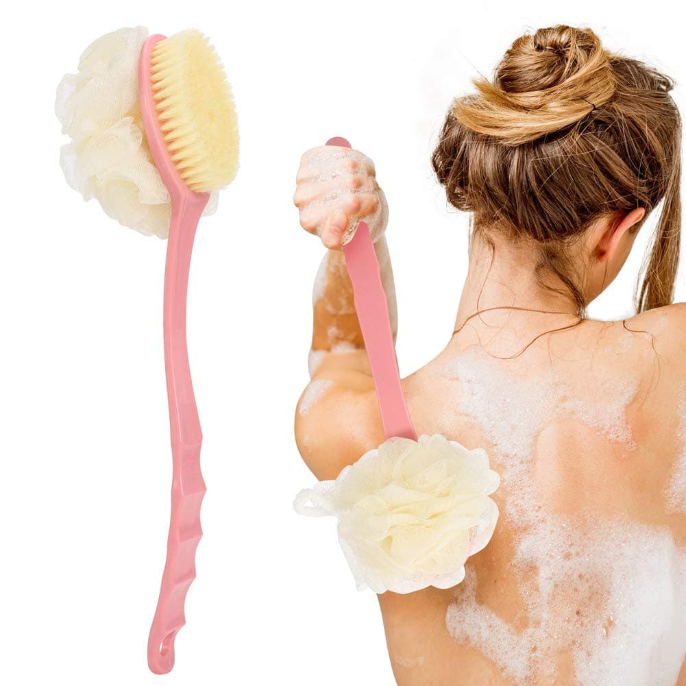 KLEBREIS 2 in 1 Long Handled Bath Brush Shower Back Scrubber ith Nylon Brush and Bath Flower for Skin Exfoliating Bath Massage Suitable for Wet or dry, Men and Women(Pink)