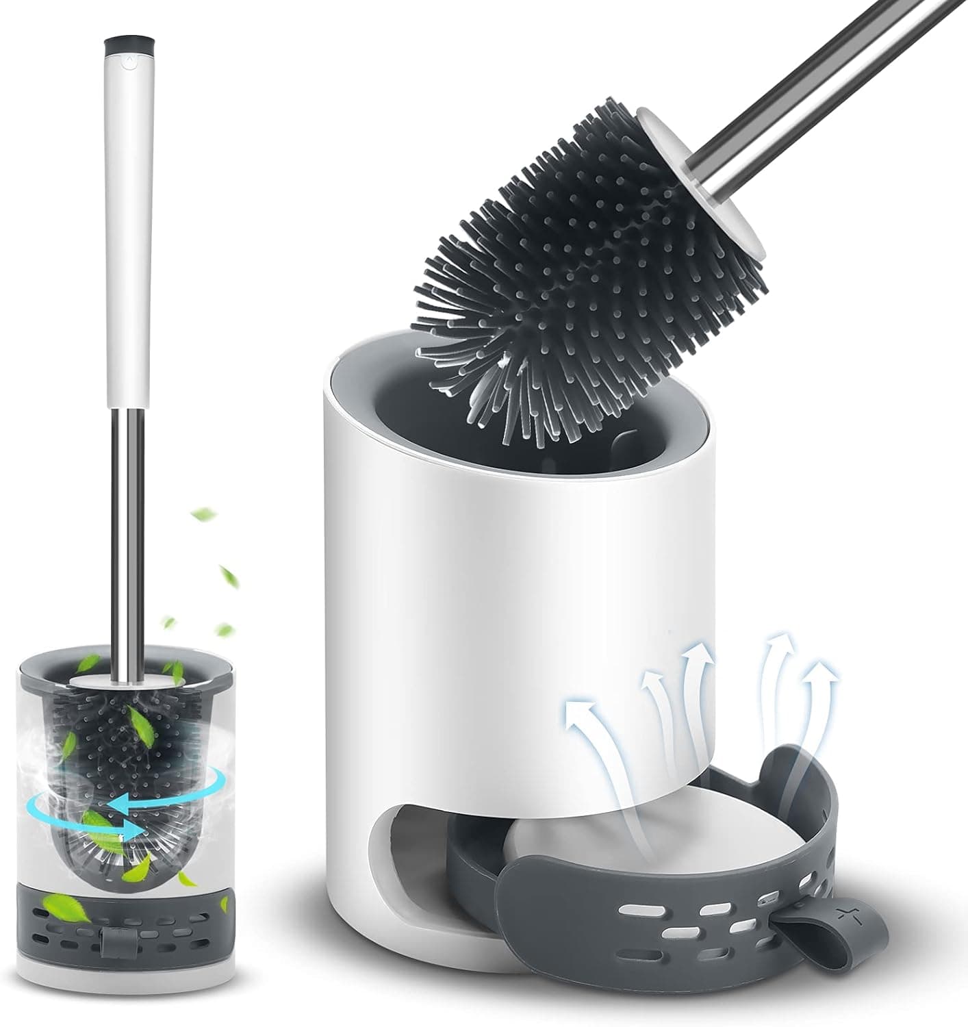VASG Toilet Brush with Holder Set, Removable Durable Wall Mounted Stainless Steel and Soft Silicone Bristle Toilet Bowl Brush Kit with Diatom Mud Pad and Tweezers for Bathroom Hygienic