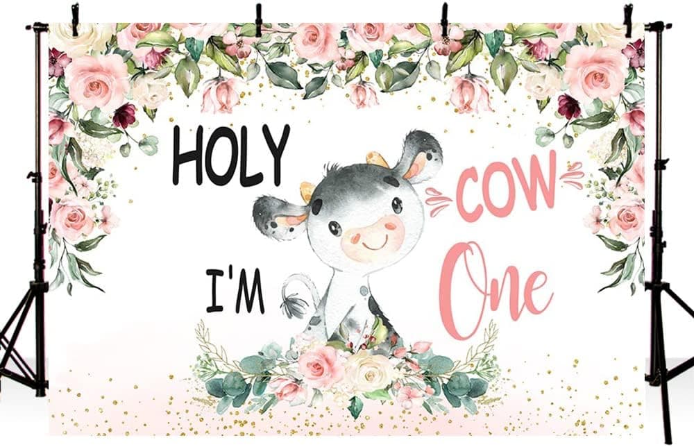 MEHOFOND 7x5ft Holy Cow I'm One Backdrop Pink Floral Cow Girl Happy 1st Birthday Confetti Photography Background Party Banner Cake Smash Decoration Gift Photobooth Studio Prop Vinyl