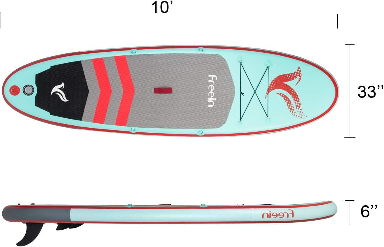 Freein Stand Up Inflatable Paddleboard - SUP 10' Long, 33" Wide, 6" Thick - Floating Paddle, Backpack, Leash, Pump