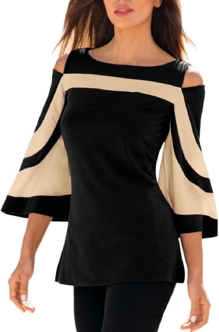 GONKOMA Clearance Women Cold Shoulder Blouse Pullover Tops Casual Long Sleeve Splice Shirt T Shirt
