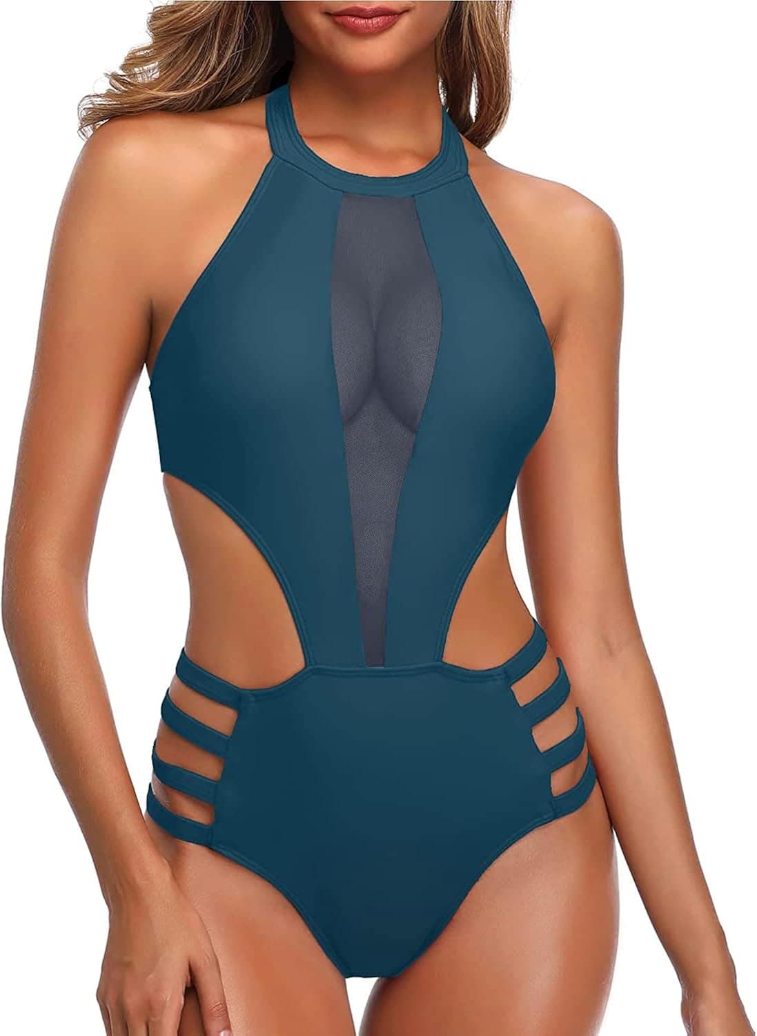 Tempt Me Women One Piece Sexy Mesh Halter Swimsuit
