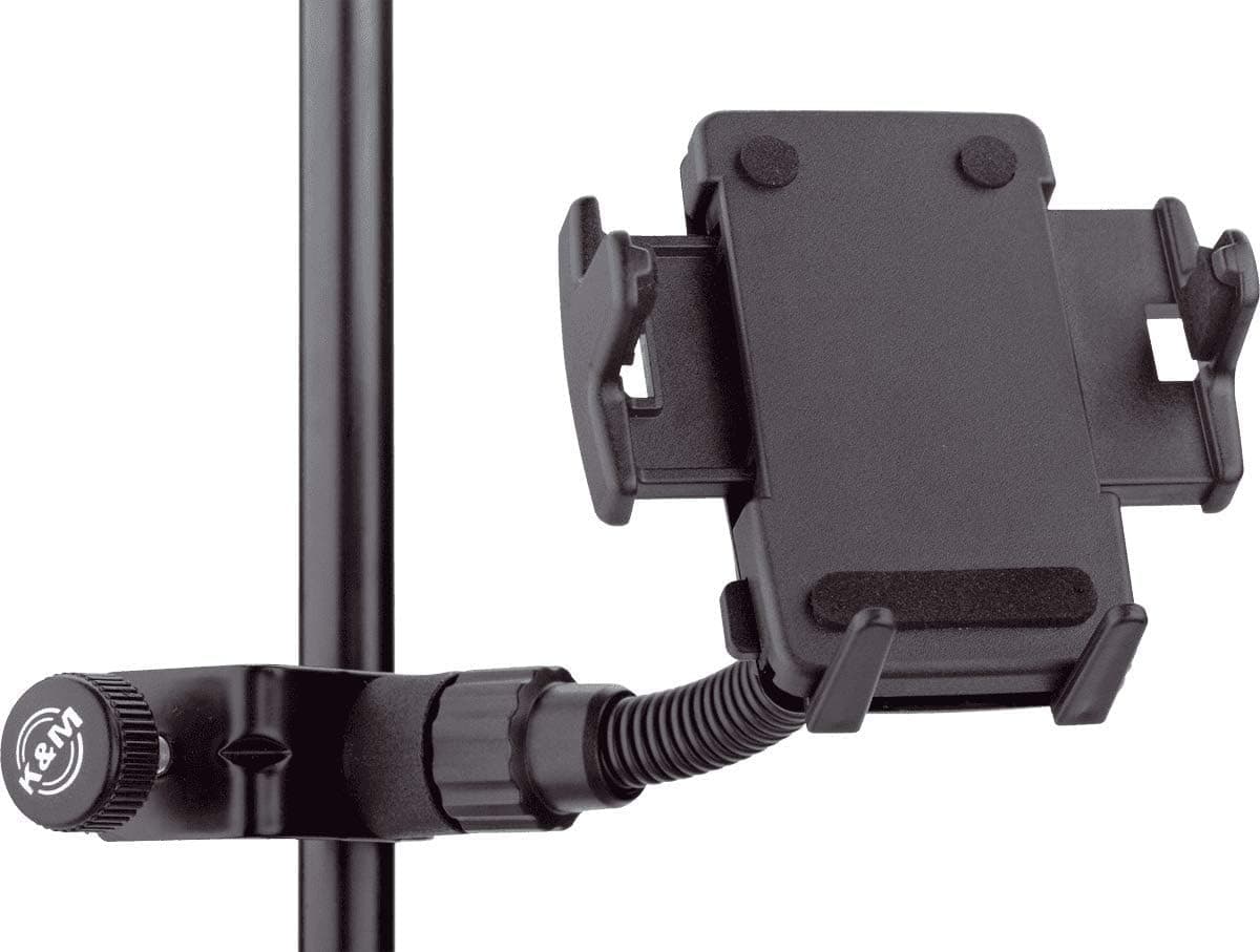 K&M Konig & Meyer 19747.015.55 Universal Phone Holder for Microphone Music Stand | Connect to Mic /Boom Tube | For Mini Tablets | Rotate from Landscape to Portrait | Swivel, Tilt | German Made | Black