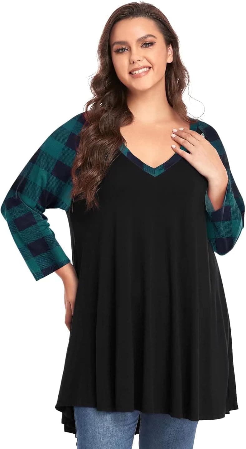 LARACE Buffalo Plaid Shirts For Women Plus Size Tunic Color Block Tops V-neck T-shirt Raglan 3/4 Sleeve Tees