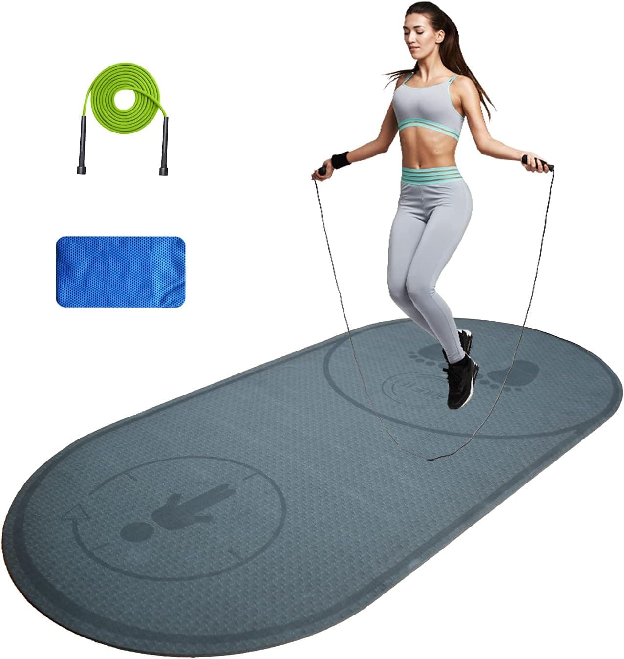 Jump Rope Mat with Fitness towel and Jump Rope, 50''x 27'' Fitness Exercise Mat Knees Floor Protection Impact Absorption Jumping Rope Mat Durable Non-Slip for Home Gym(Grey)