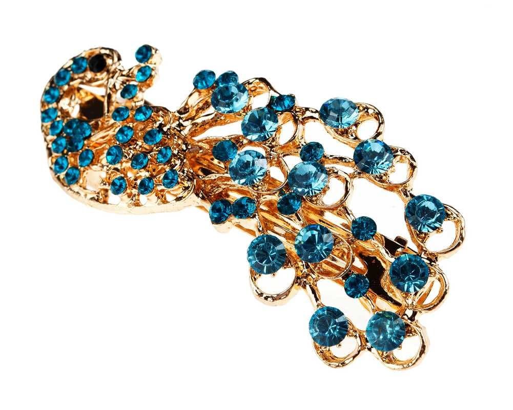 Vintage Blue Fashion Jewelled Rhinestone Crystal Peacock Hair Pin Slide By VAGA