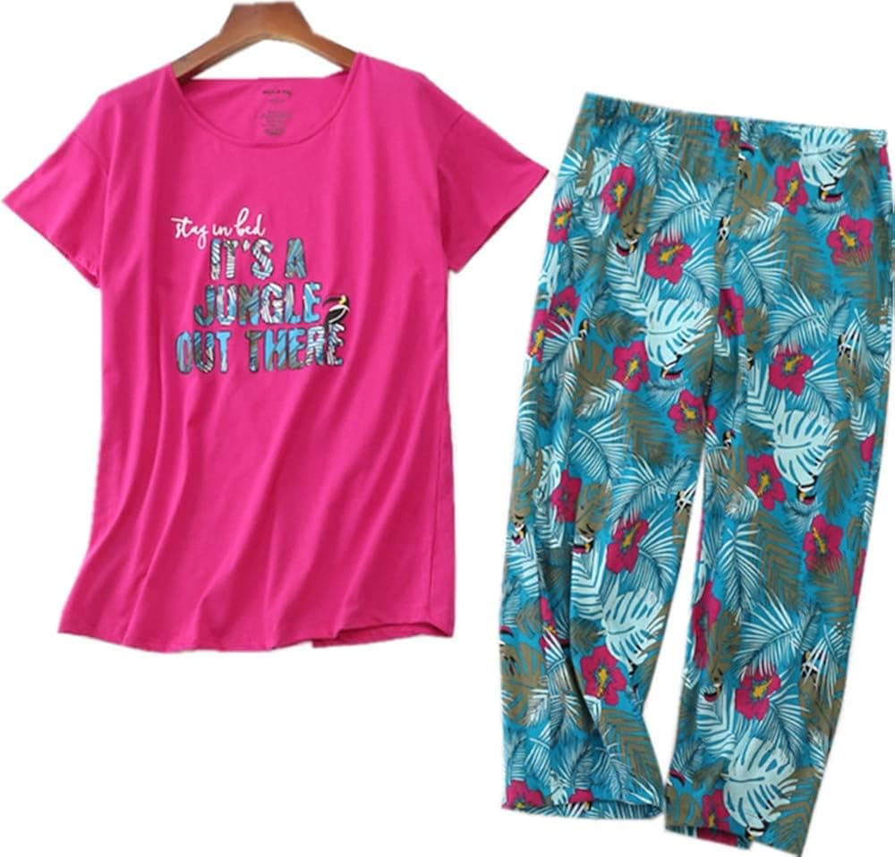 Women's Cotton Pajama Set Capri Pants with Short Tops Sleepwear 2 Piece Knit Nightgown