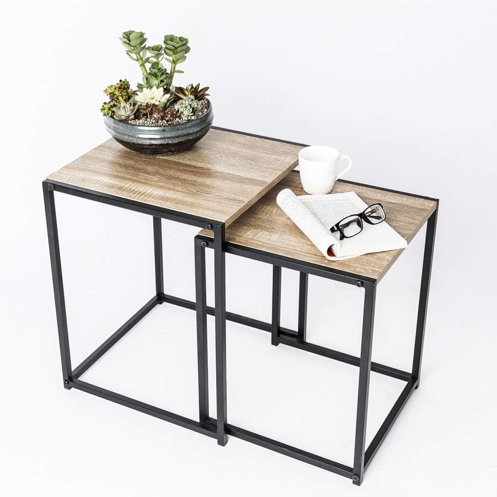 C-Hopetree Small Nesting End Side Coffee Table - Black Metal Frame - Set of 2
