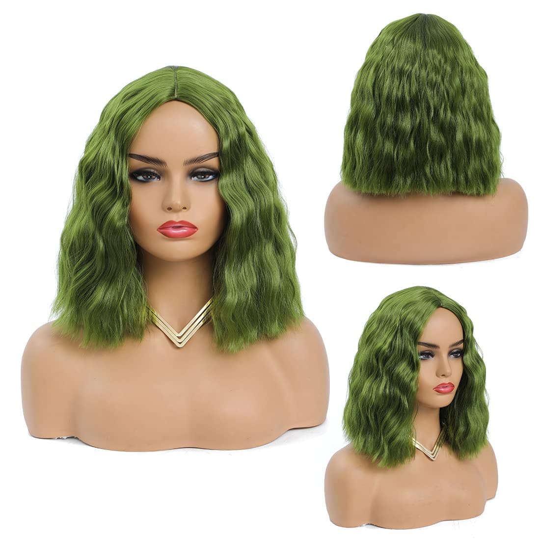 ZDQL 12" Chic Green Short Wavy Bob Curly Wigs for Women Synthetic Fashion Cosplay Wigs for Girl Colored Middel Part Costume Wigs