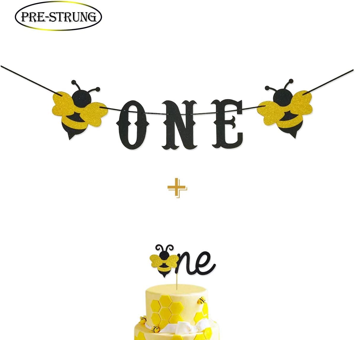 Bumble Bee Smash Cake Kit First Birthday Glitter One Banner Highchair Banner with Glitter Bumble Bee One Cake Topper for Bee 1st Birthday Supplies Decorations
