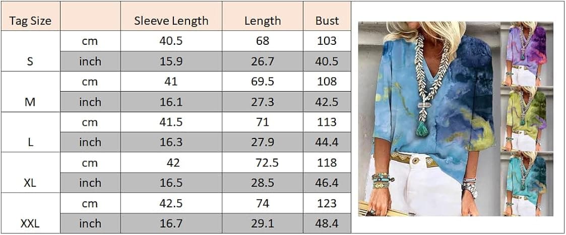 Akivide Womens Tie Dye Print V Neck 3/4 Sleeve Shirt Blouse Colorful Casual Loose Fit Basic Tunic Tops