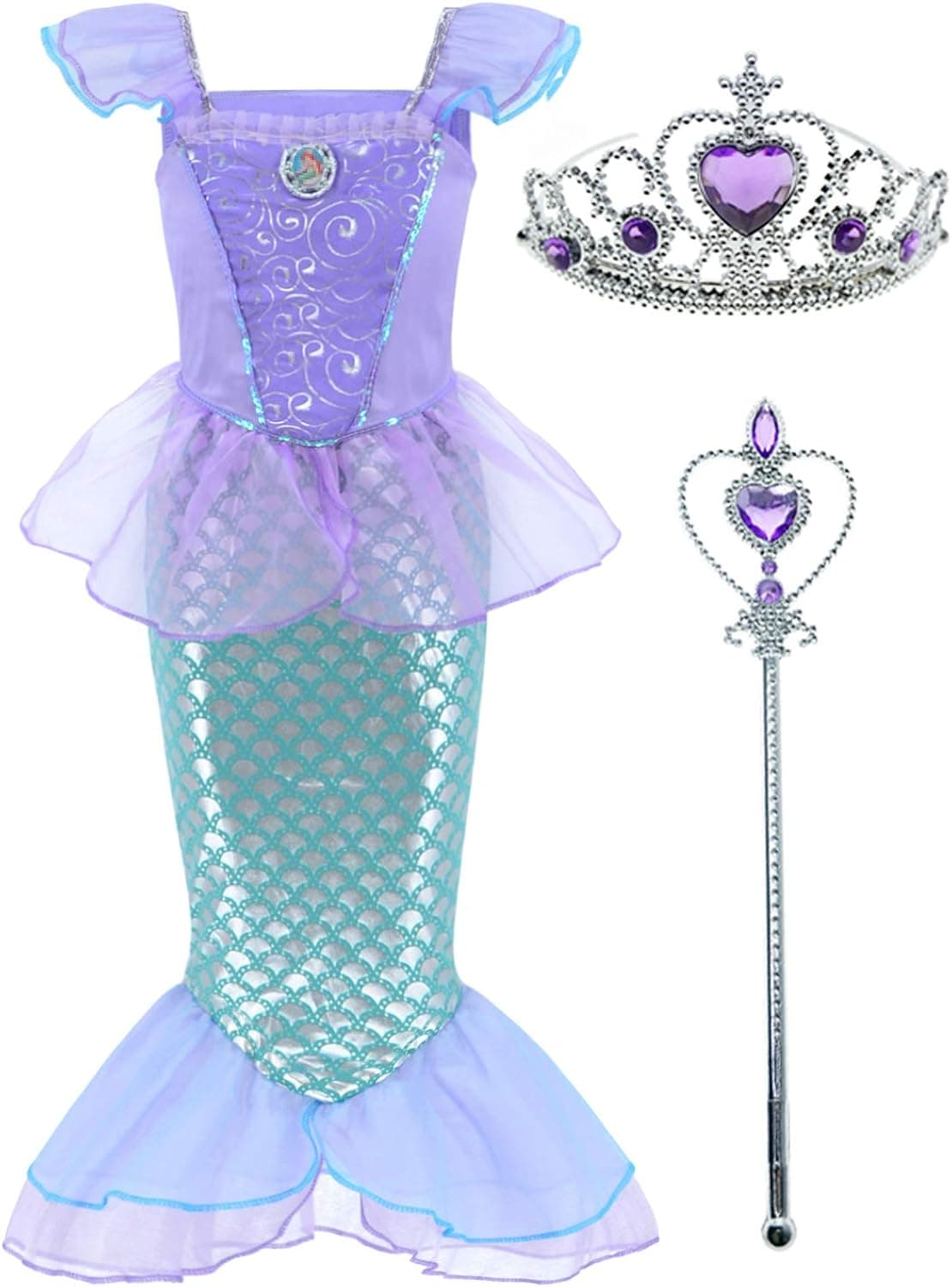 Little Girls Mermaid Princess Costume Dress for Girls Dress Up Party with Crown Mace